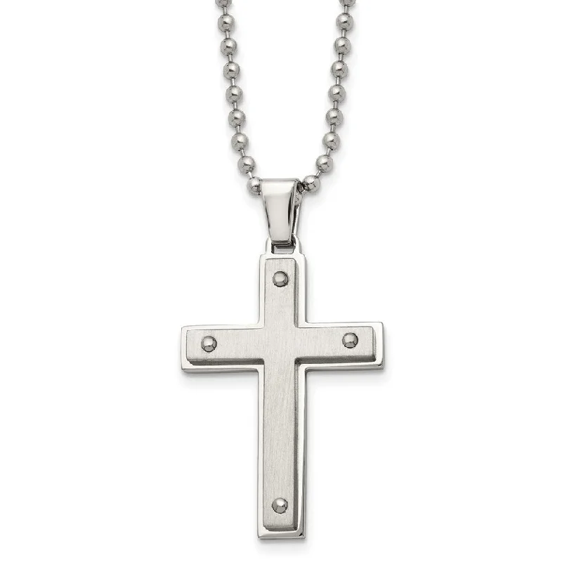 Twisting design necklace-Men's Stainless Steel Brushed & Polished Riveted Cross Necklace, 22 In