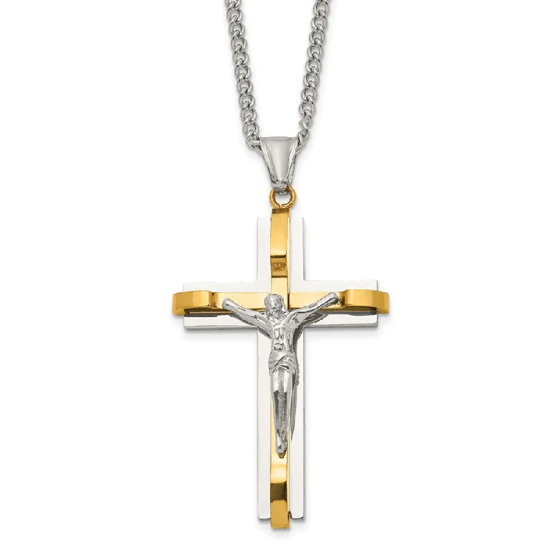 Glistening tourmaline necklace-Mens Stainless Steel & Gold Tone Plated XL Crucifix Necklace, 24 Inch