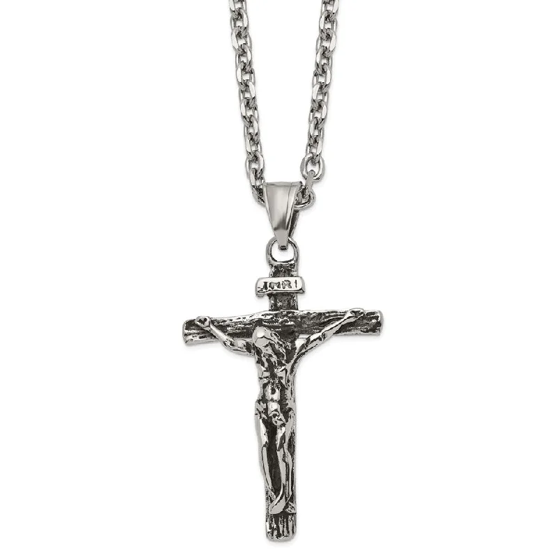 Satin marble necklace-Men's Stainless Steel Large Antiqued INRI Crucifix Necklace, 24 Inch