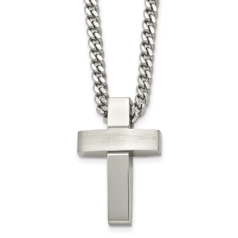 High gem necklace-Men's Stainless Steel Large Brushed & Polished Cross Necklace, 20 Inch