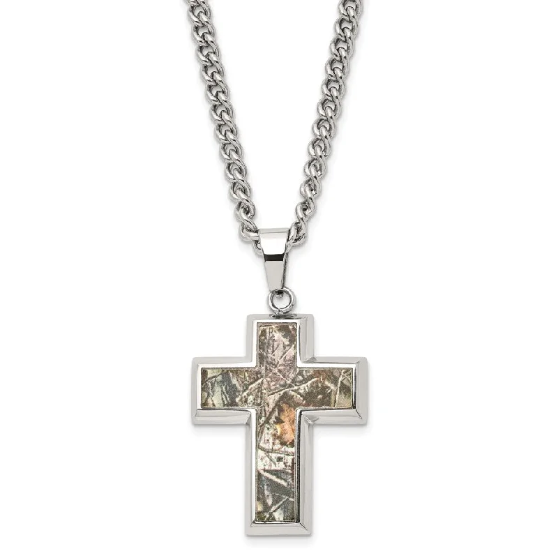 Glinting drop necklace-Men's Stainless Steel Printed Hunting Camo Cross Necklace, 24 inch