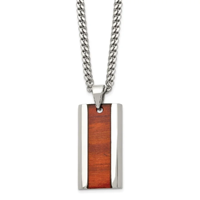 Arched stone necklace-Men's Stainless Steel & Red Koa Wood Inlay Enameled Necklace, 20 Inch