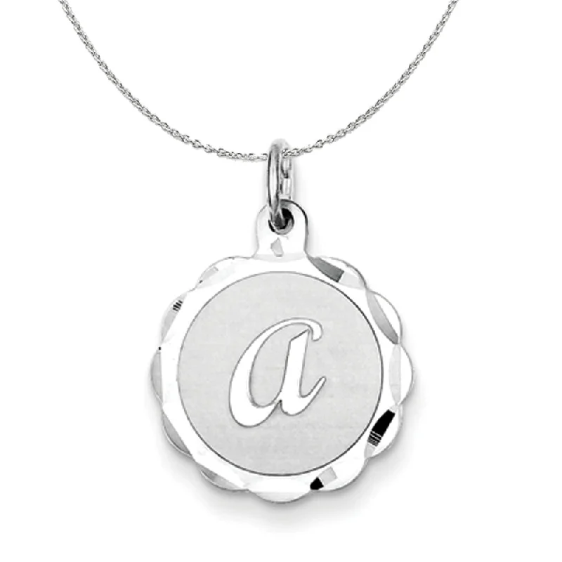 Scratched-edge necklace-Silver, Sarah Collection 15mm Brocaded Disc Initial A Necklace