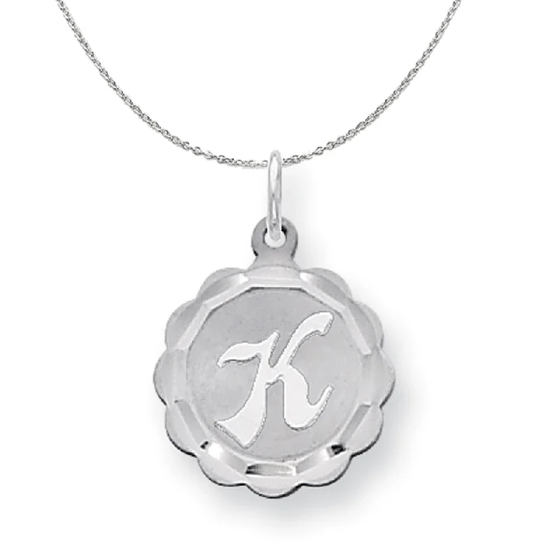 Silver, Sarah Collection 15mm Brocaded Disc Initial K Necklace