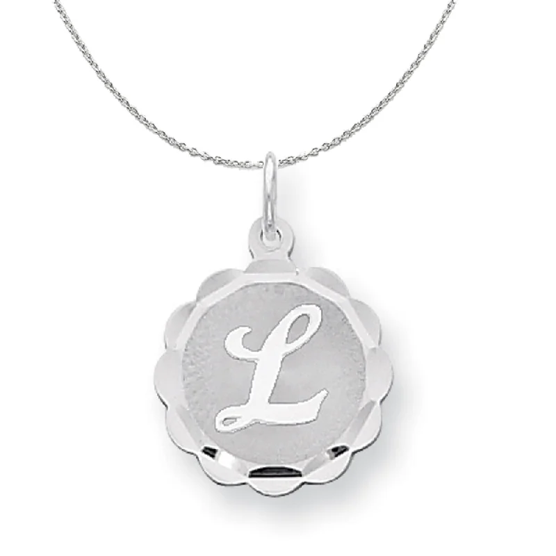 Lustrous amethyst necklace-Silver, Sarah Collection 15mm Brocaded Disc Initial L Necklace