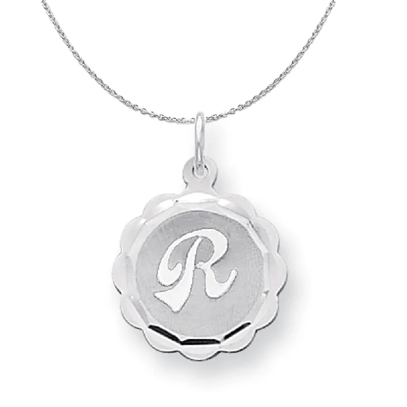 Silver, Sarah Collection 15mm Brocaded Disc Initial R Necklace