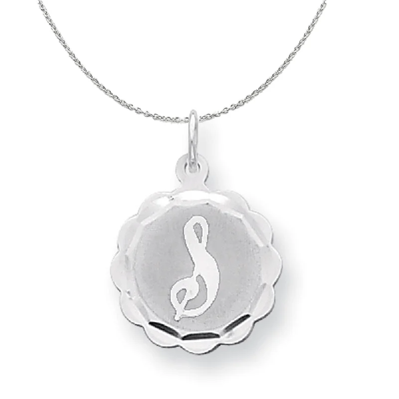 Wide-band necklace-Silver, Sarah Collection 15mm Brocaded Disc Initial S Necklace