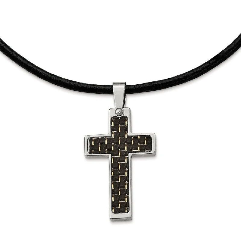 Thick gold necklace-Stainless Steel and Black Carbon Fiber Cross and Leather Cord Necklace