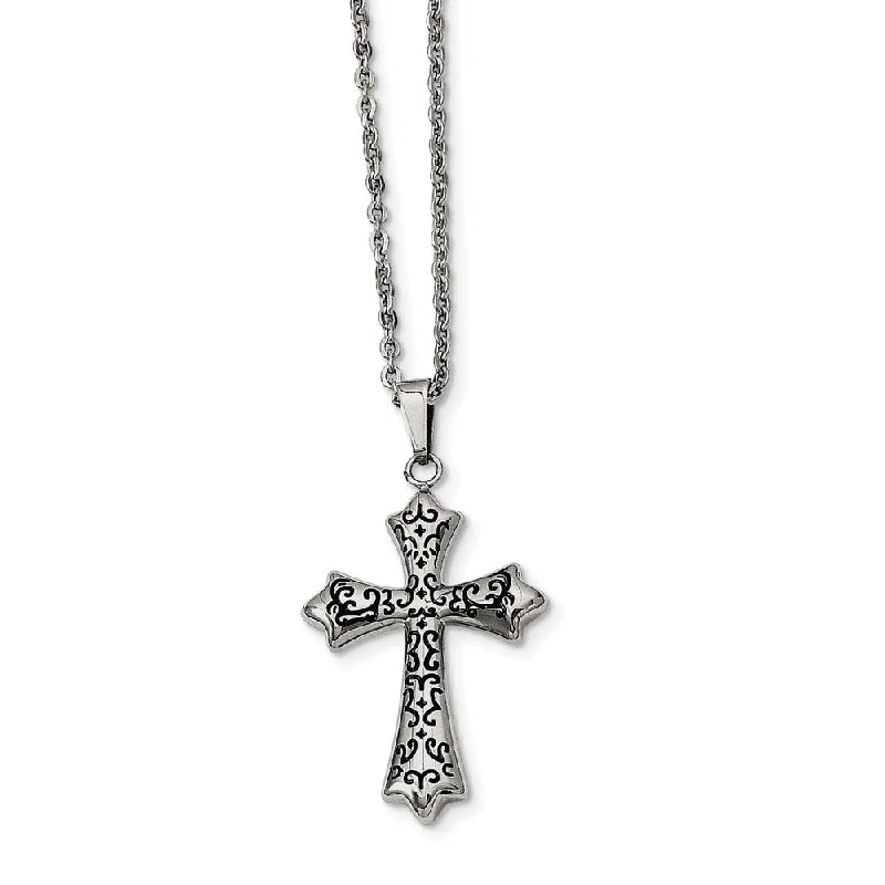 Vintage-style opal necklace-Stainless Steel and Black-plated Cross Necklace - 20 Inch