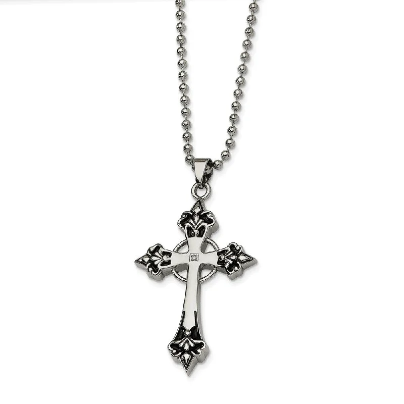 Grained stone necklace-Stainless Steel Black Enamel & Diamond Celtic Cross Necklace - 24 Inch