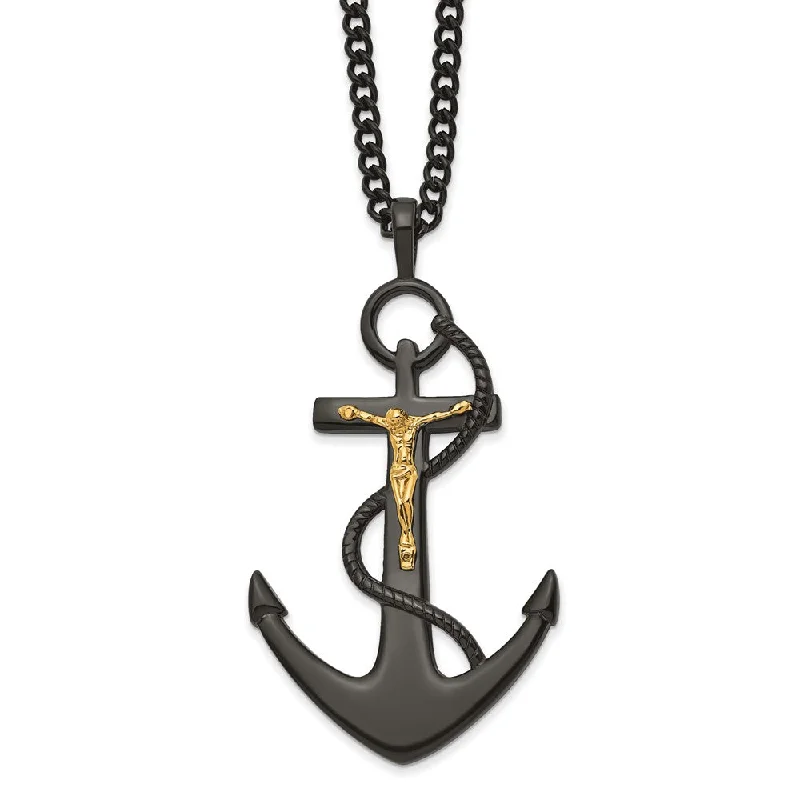 Textured necklace-Stainless Steel Black & Gold Tone Plated Crucifix Anchor Necklace 24in