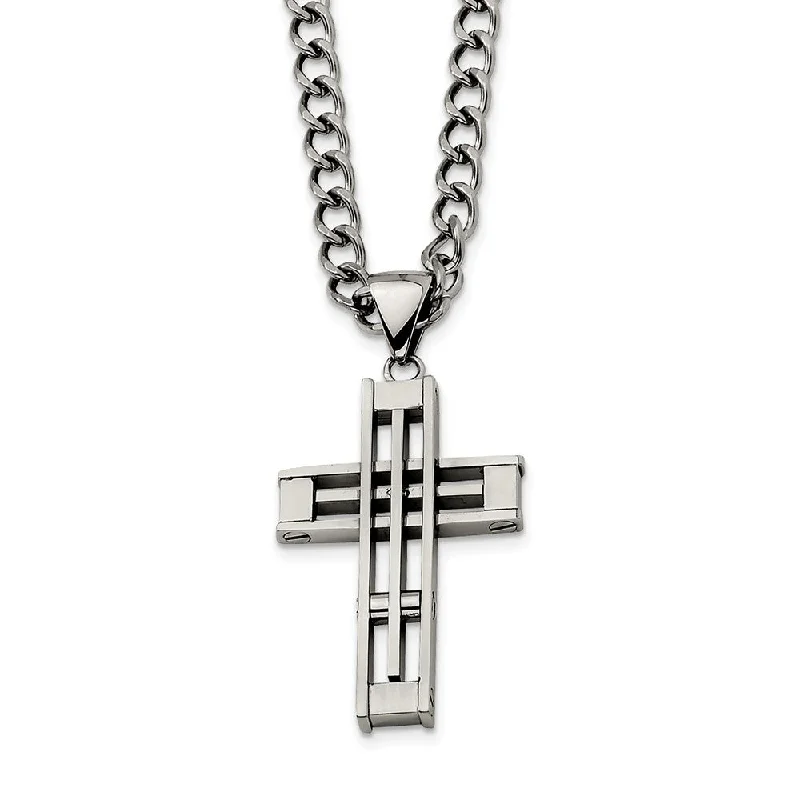 Stainless Steel Cross and 5mm Curb Chain Necklace - 22 Inch