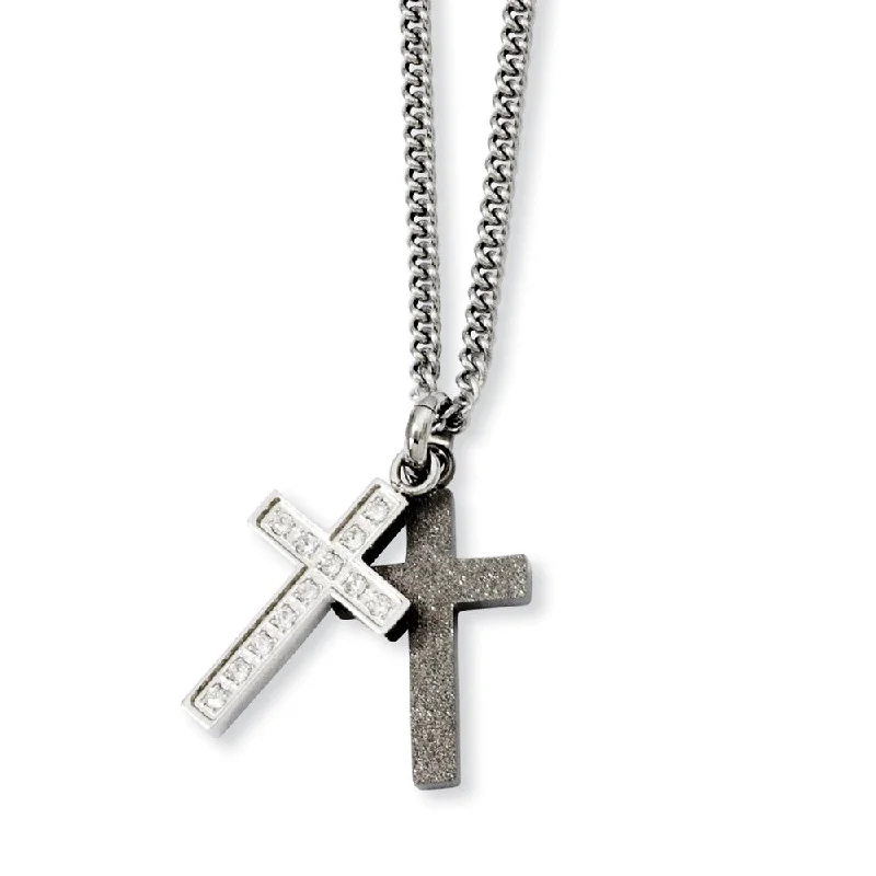 Peak stone necklace-Stainless Steel Laser-cut and CZ Double Cross Necklace - 20 Inch