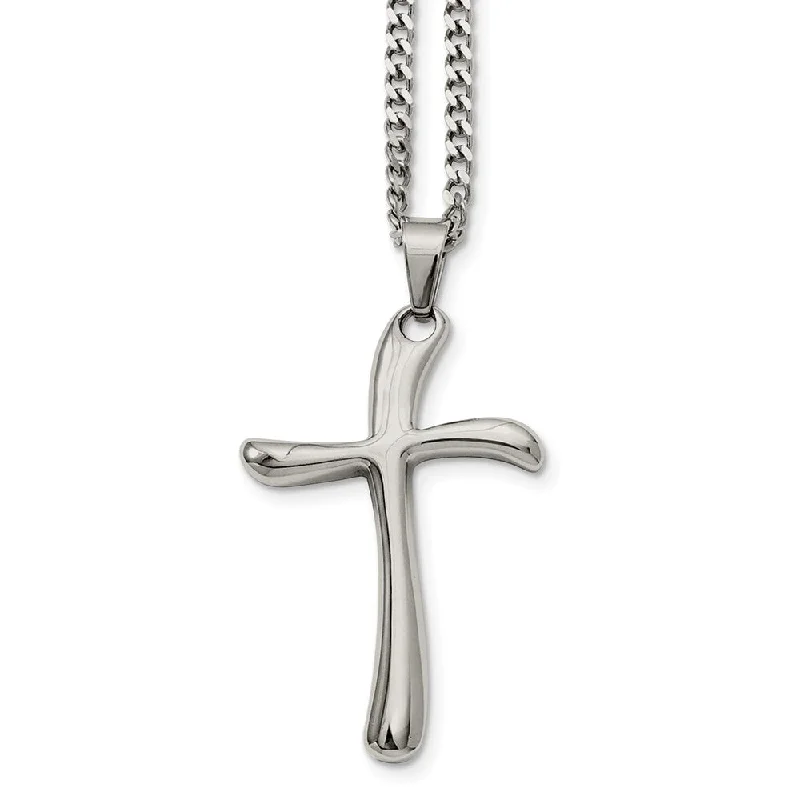 Wire-loop necklace-Stainless Steel Polished Curved Cross Necklace - 22 Inch