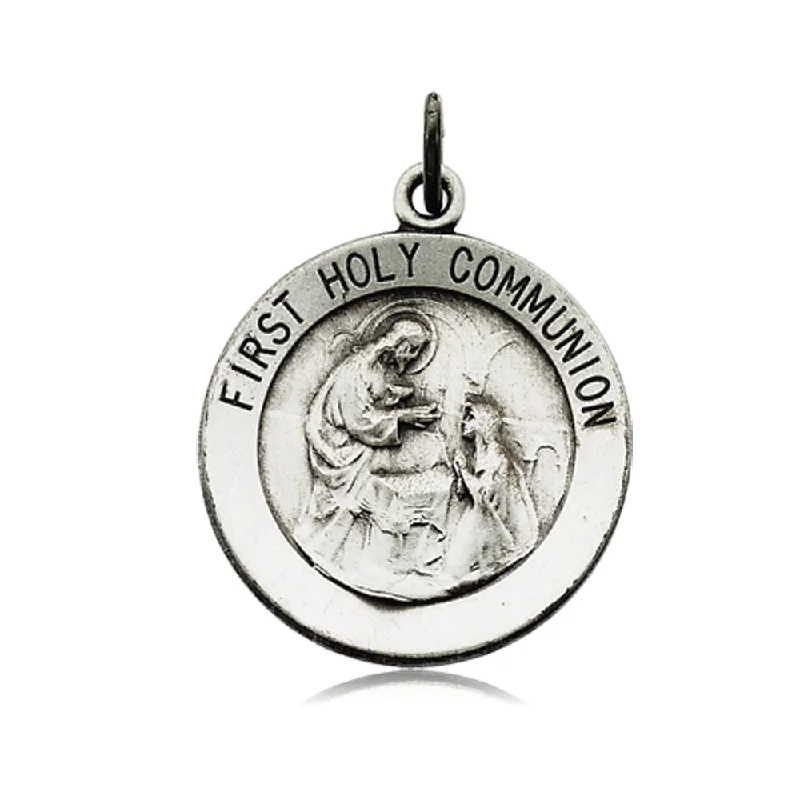 Sterling Silver 18mm First Holy Communion Medal Necklace, 18 Inch