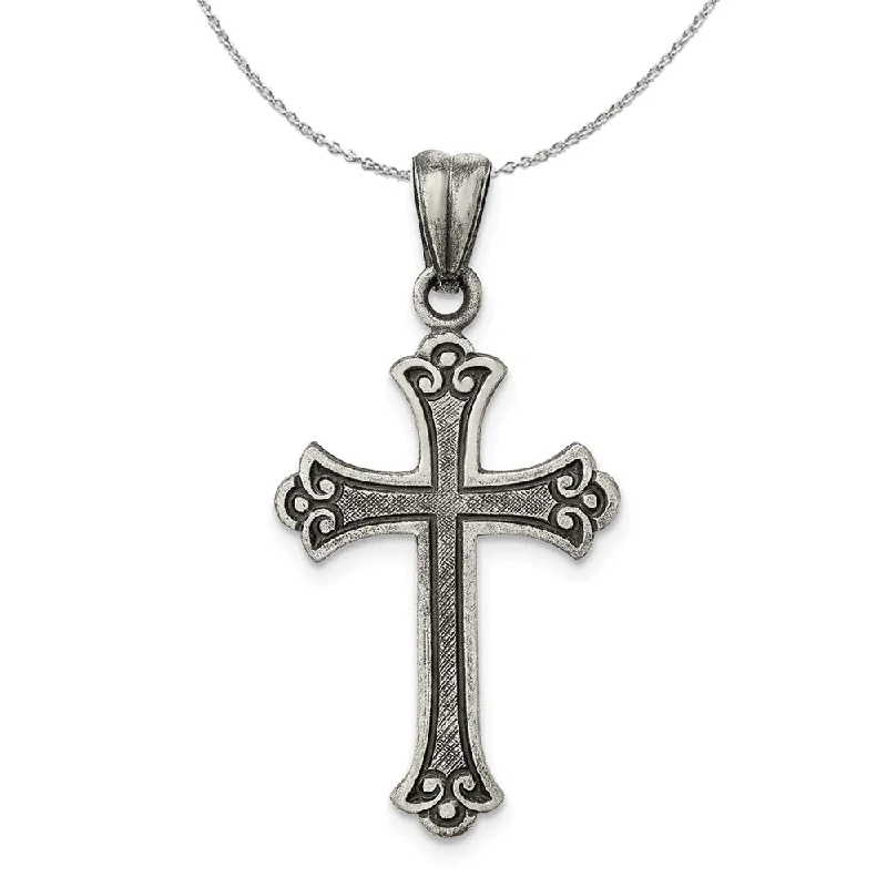 Aged bronze necklace-Sterling Silver Antiqued Fleur de Lis Cross Necklace