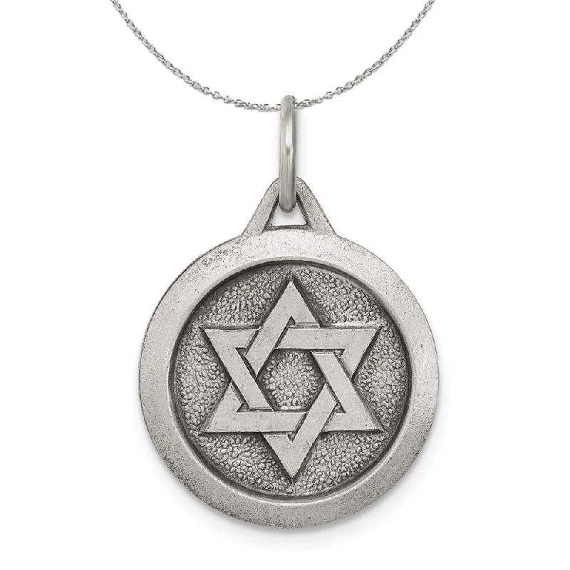 Retro ruby necklace-Sterling Silver Antiqued Star of David Medal, 17mm Necklace