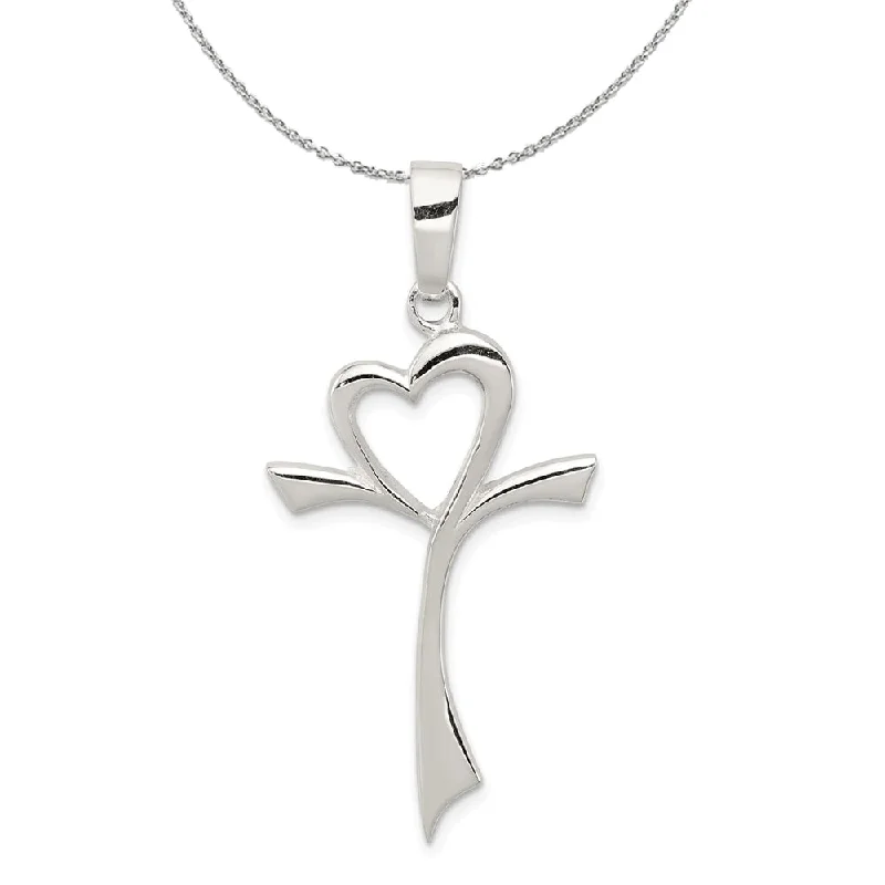 Sterling Silver Large Polished Heart Cross Necklace