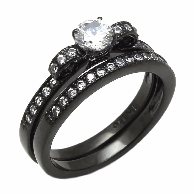 Plaited braid ring-0.4 Ct Small Round Cut CZ Black IP Stainless Steel 2 Pieces Engagement RINGS SET