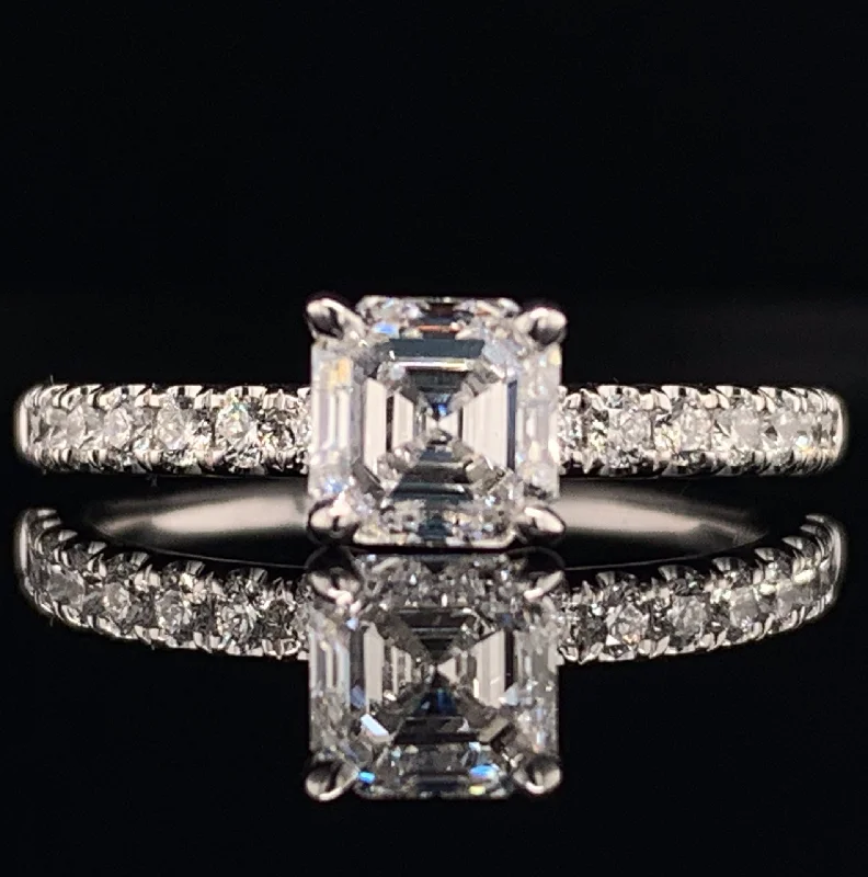 Full-set pave ring-1.0 ct. Asscher Cut Diamond Engagement Ring in White Gold