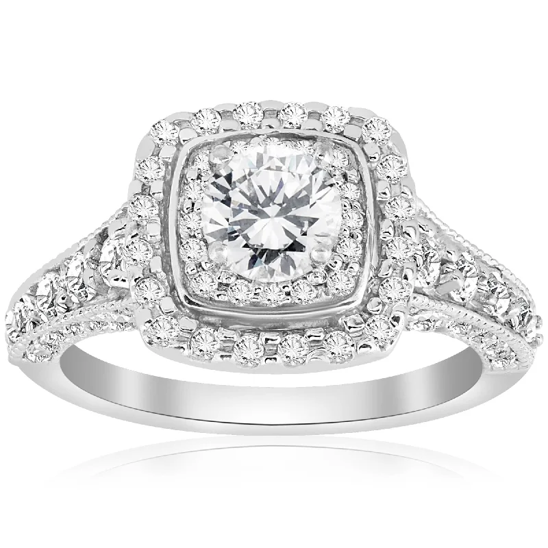 Leaf-wrap ring-1 1/2ct Double Halo Cushion Vintage Diamond Engagement Ring 14K White Gold