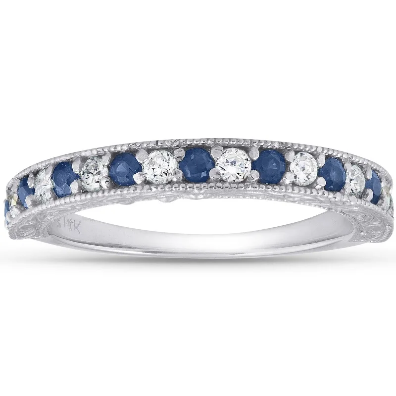 Curved design ring-1/2Ct Blue Sapphire & Diamond Wedding Ring Anniversary Stackable Band White Gold