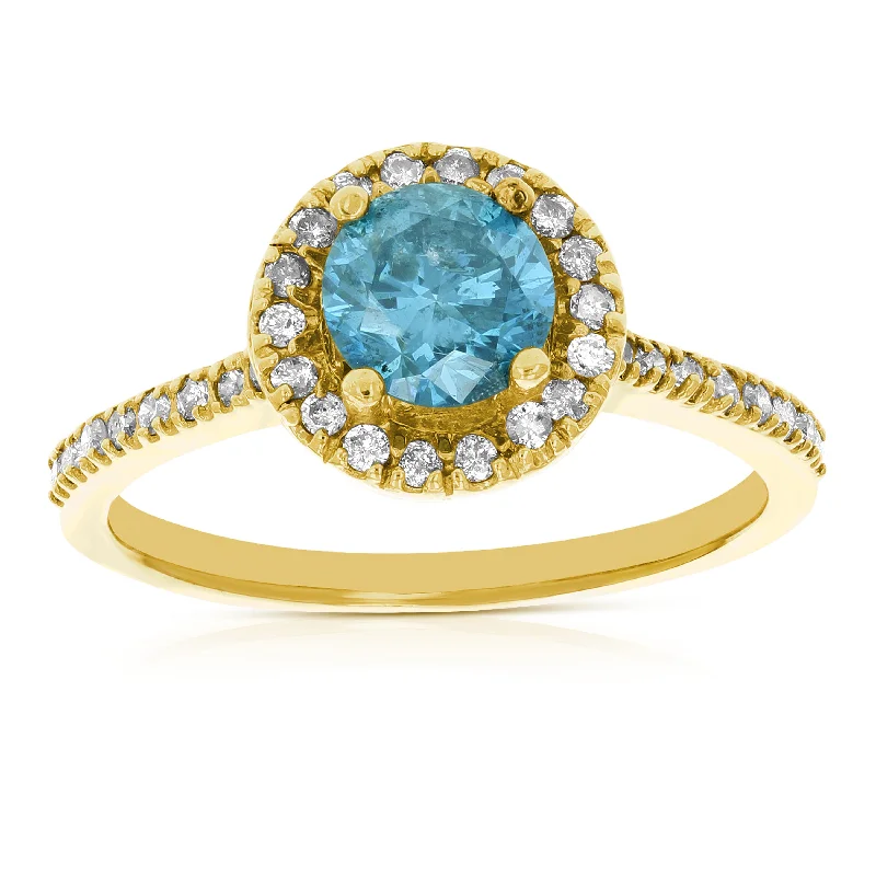 Hand-chiseled ring-1.30 cttw Blue and White Diamond Engagement Ring 14K Yellow Gold Bridal