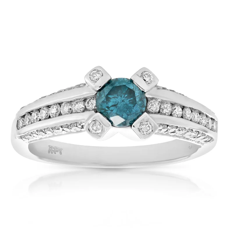 Ridged edge ring-1.35 cttw Blue and White Diamond Engagement Ring 14K White Gold