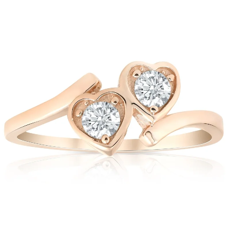 Spiral coil ring-1/3ct Diamond Solitaire Two Stone Forever Us Heart Shape 14k Rose Gold Ring