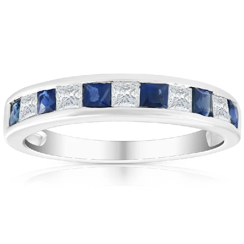 Mist gem ring-1 Ct Princess Cut Blue Sapphire & Diamond Ladies Wedding Ring 14k White Gold