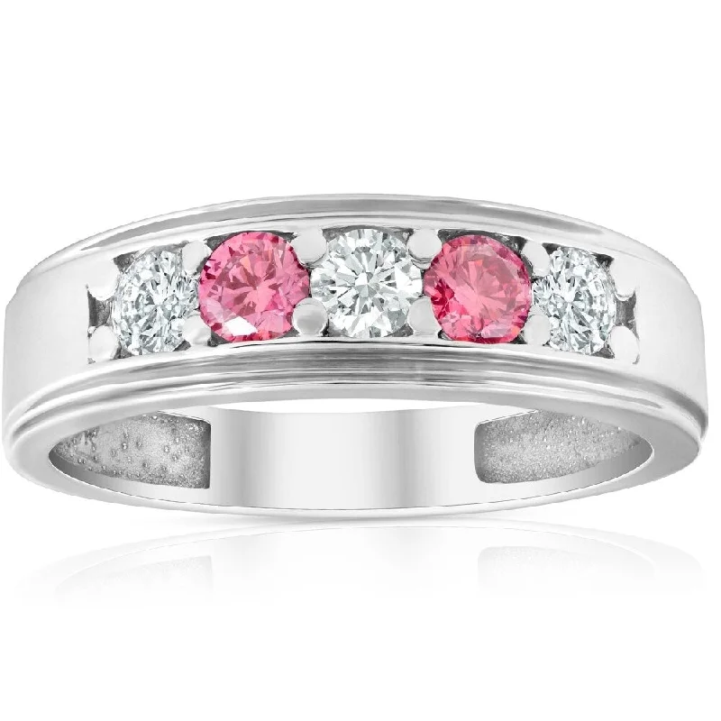 Spiral coil ring-1 Ct T.W. Pink & White Lab Grown Diamond Mens Wedding Ring 5-Stone White Gold