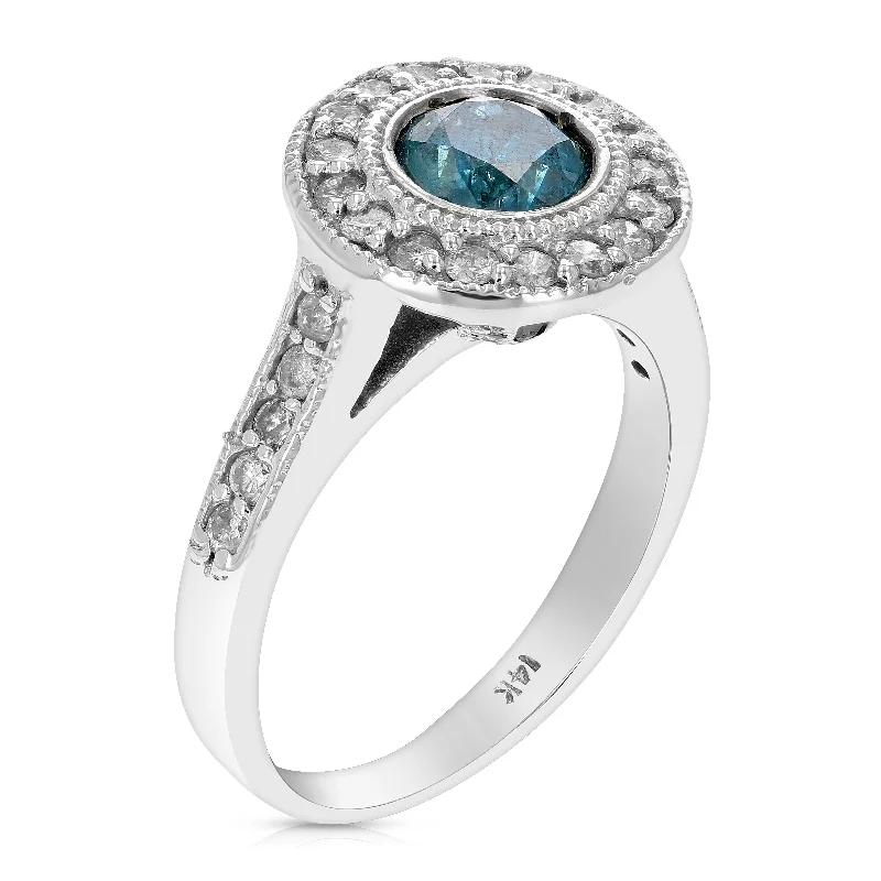 Rough rim ring-1 cttw Blue Diamond Engagement Ring 14K White Gold Halo Style Round Prong