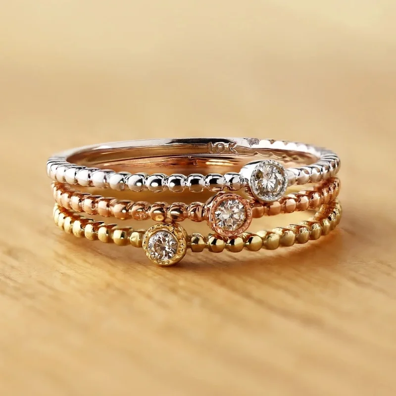 Six-heart ring-10k gold Diamond Accent Ultra-thin Beaded Stackable Ring by Auriya