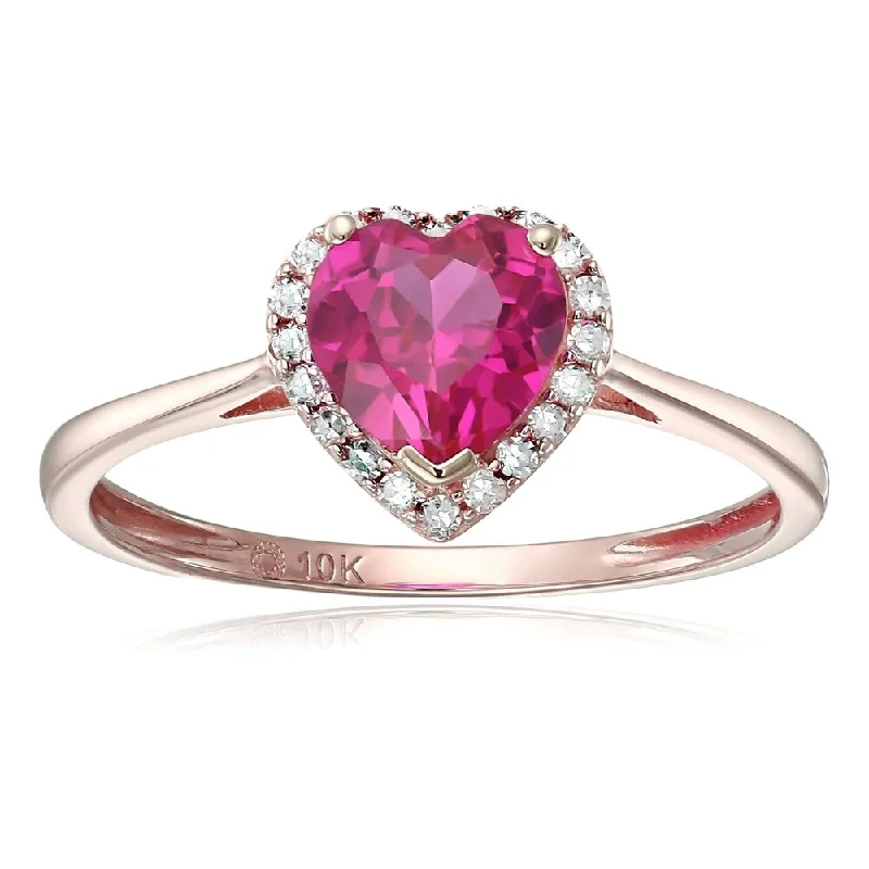 Arched stone ring-10k Rose Gold Created Ruby & Diamond Solitaire Heart Halo Ring