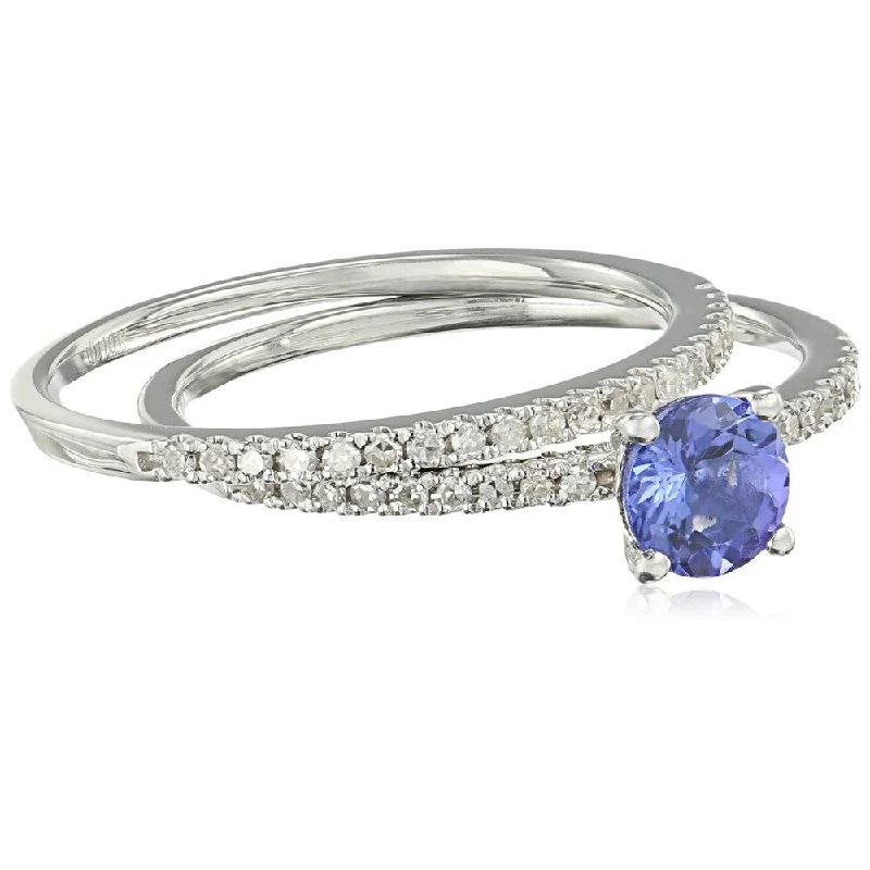 Sleek design ring-10k White Gold AAA Tanzanite and Diamond Stackable Ring, Size 7