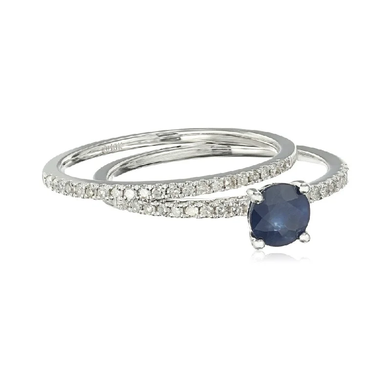 Rough rim ring-10k White Gold Genuine Blue Sapphire & Diamond Stackable Ring