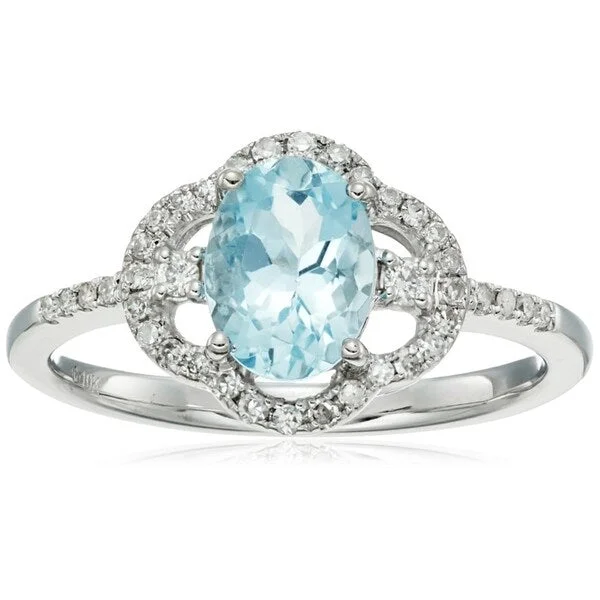 Forged silver ring-10k White Gold Oval Aquamarine, Diamond Solitaire Ring, Size 7 - Blue