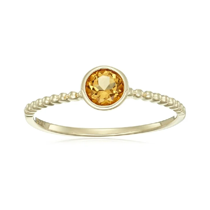 Spiral coil ring-10KT Yellow Gold Citrine Solitaire Beaded Shank Stack Ring