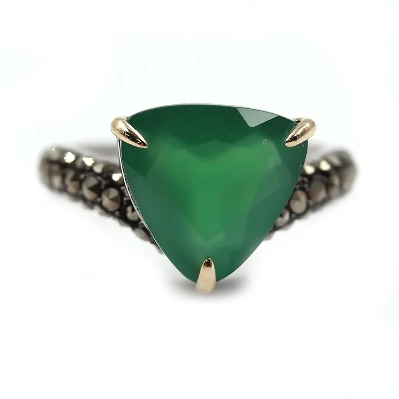 Full-set pave ring-14k Gold And Sterling Silver Green Agate and Marcasite Ring