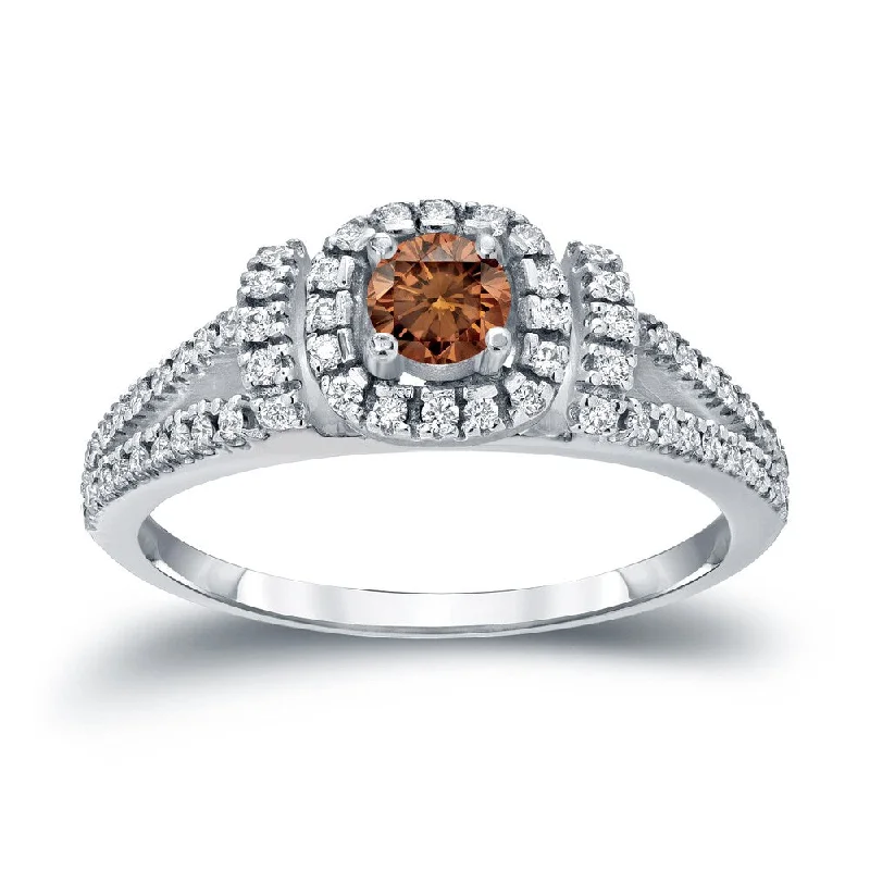 Tribal carved ring-14k Gold Round 1/2ct TDW Split Shank Brown Diamond Halo Engagement Ring by Auriya (I1-I2)