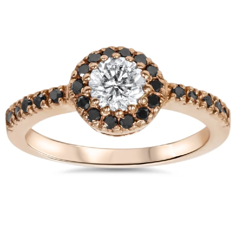 Grooved band ring-14k Rose Gold 3/4ct TDW White and Black Diamond Halo Ring