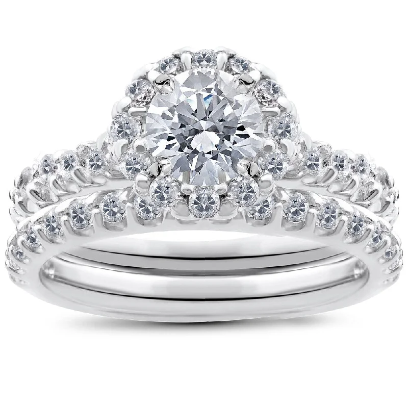 Exact-cut ring-14k White Gold 1 1/2ct TDW Diamond Halo Bridal Set