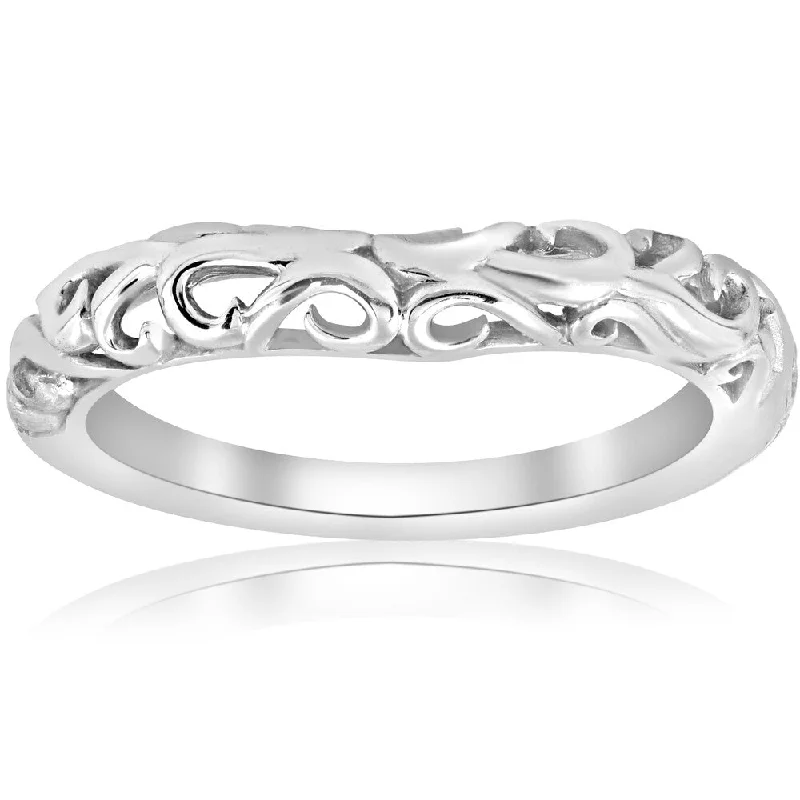 Ridged edge ring-14K White Gold Curved Vintage Womens Filigree Antique Filigree Ring Scroll Band