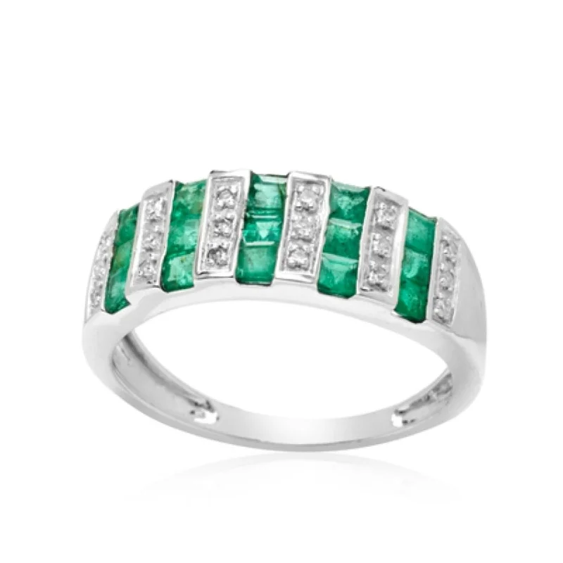 Stained enamel ring-14K White Gold Emerald and White Diamond Ring