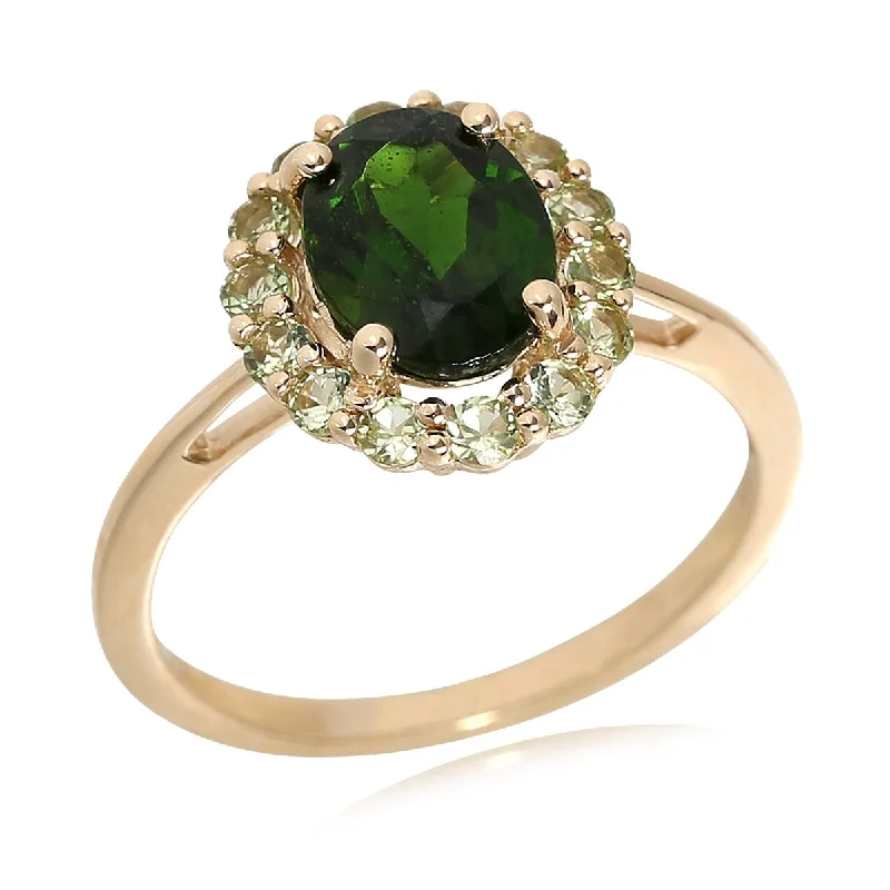 Thin-band ring-14Kt Gold Peridot and Chrome Diopside Gemstone Halo Ring