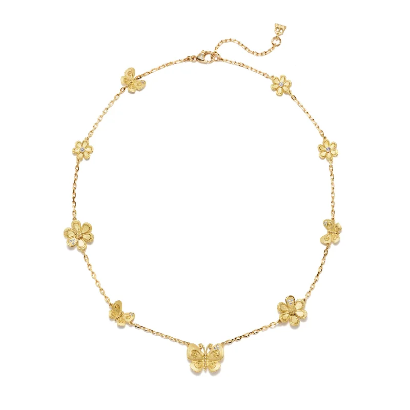 Stacked birthstone necklace-18K Golden Flower Butterfly Necklace