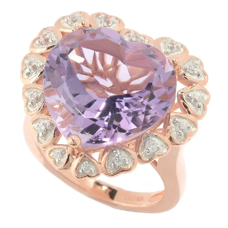 Staggered band ring-18k Rose Gold over Sterling Silver Amethyst and White Zircon Heart Shaped Halo Ring