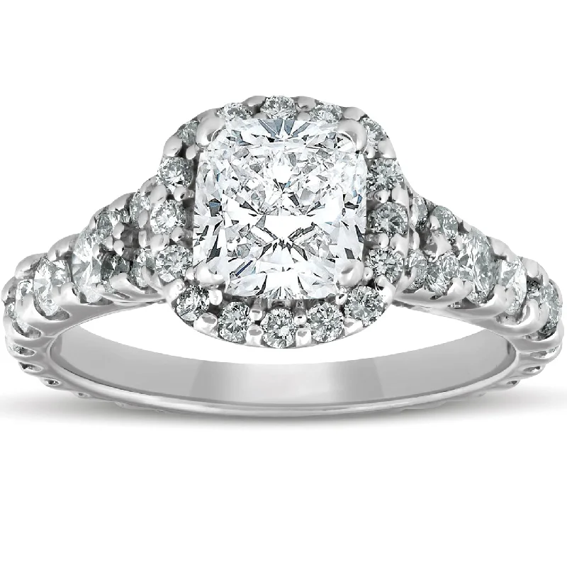 Radiant diamond ring-2 1/2ct Cushion Diamond Halo Engagement Ring 14k White Gold Lab Grown