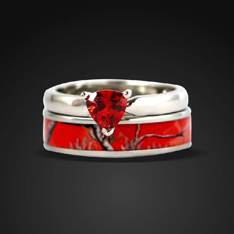 Slim band ring-2 pc Red Camo Ring Set Ruby Engagement Rings Sterling Silver Wedding Ring Set