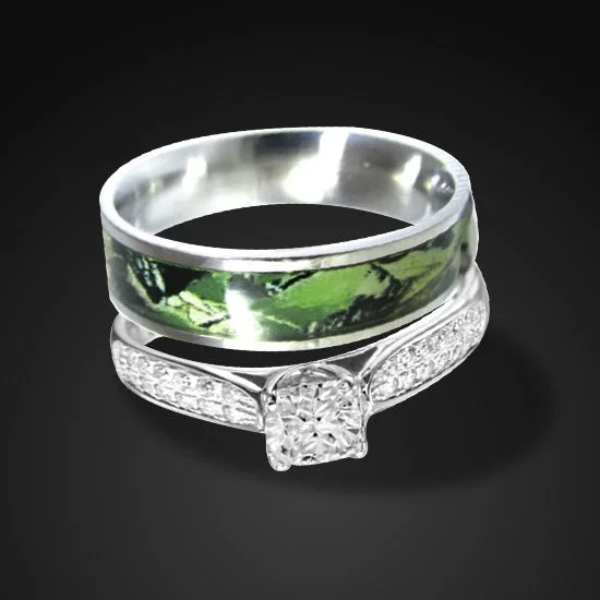 Curved design ring-2 pc Green Camo Wedding Ring Set Sterling Silver Engagement Ring